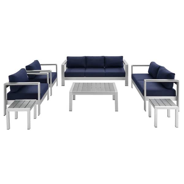 MODWAY Shore 7-Piece Aluminum Patio Conversation Set with Sunbrella Navy Cushions