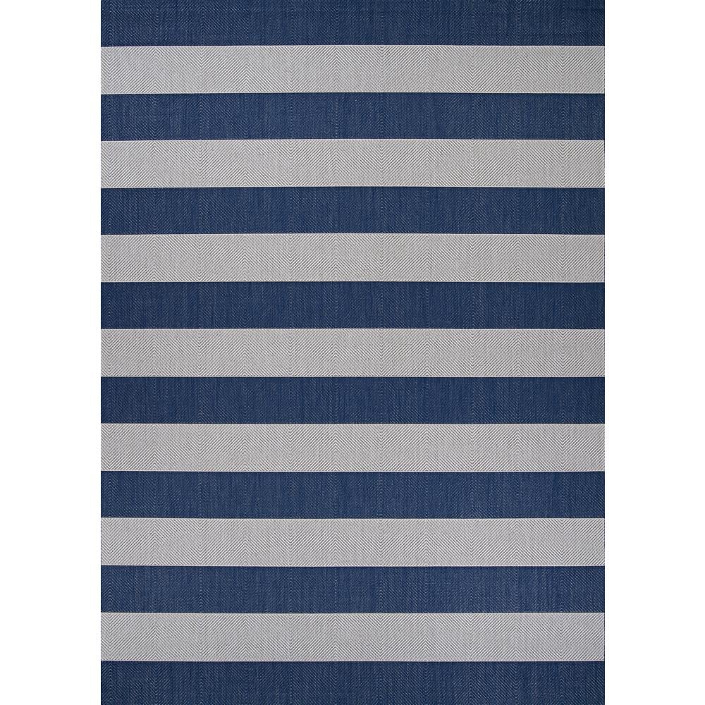 Midnight Blue and Ivory Stripe Synthetic Easy-Care Outdoor Rug, 3'11" x 5'7"