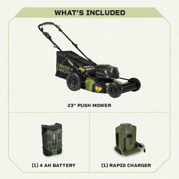 Green Machine 62V Cordless 3-in-1 High Wheel Push Walk Behind Mower, Brushless 22 In. Cutting Width with 4Ah Battery and Rapid Charger