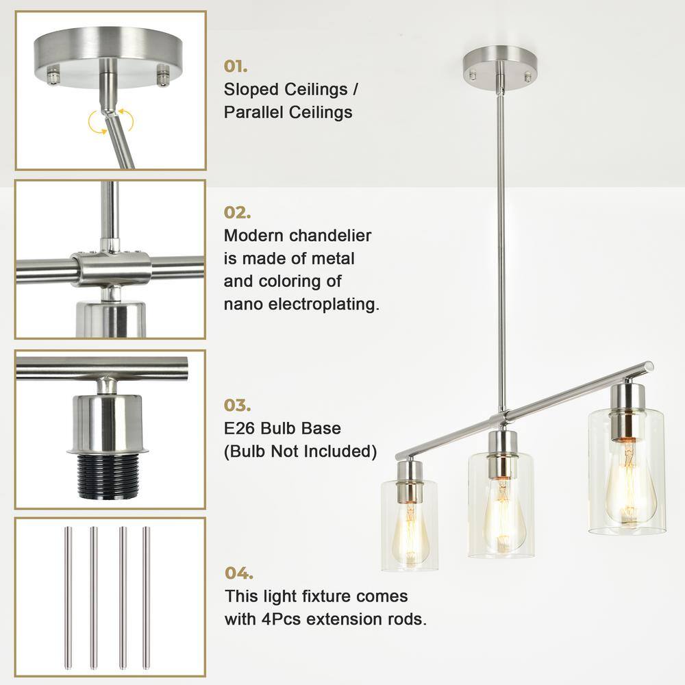 Nickel 3-Light Linear Pendant with Clear Glass Shades
