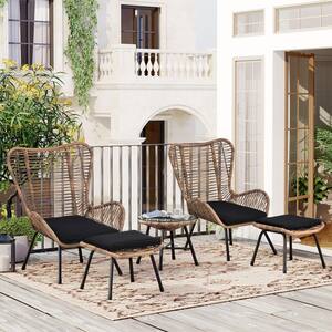 Light Brown 5-Piece PE Wicker Outdoor Patio Conversation Set, Arm Chairs with Stools, Table and Dark Gray Cushions
