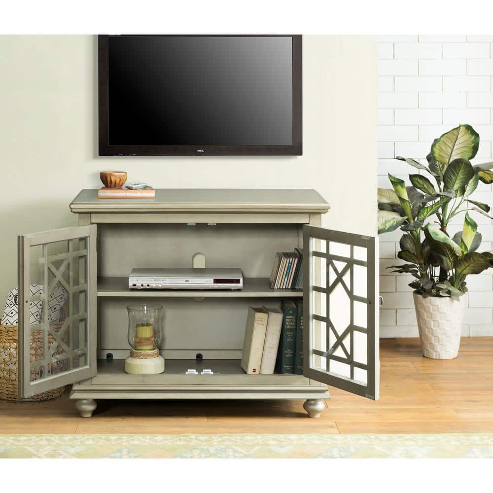 Parisian Antique Market Inspired 38" TV Stand with Trellis Glass Doors, Antique Silver