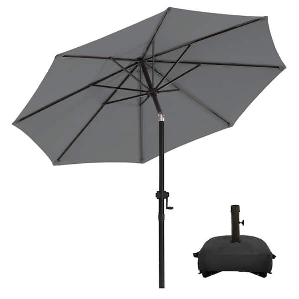 PASAMIC 9 ft. Market Patio Umbrella with Base and Push Button Tilt in Dark Grey