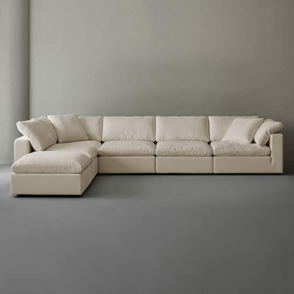 Modern 193 in. Wide Square Arm Linen Fabric L-Shaped Sectional Sofa Combination Sofa 5 Seats with Ottoman in Linen Beige