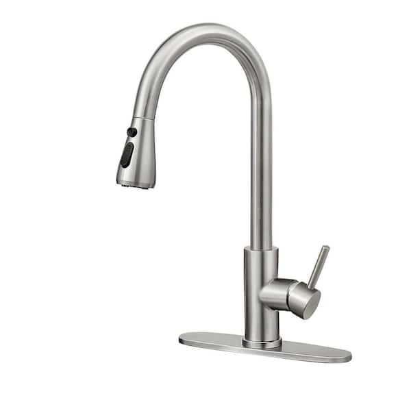 Gooseneck Single Handle Sprayer Kitchen Bar Faucet Commercial Kitchen Sink Faucets for RV, Laundry in Brushed Nickel