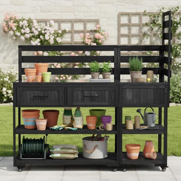 62.3 in. W x 28.6 in. D Black Wood Potting Bench, Kitchen Island with Stainless Table Top