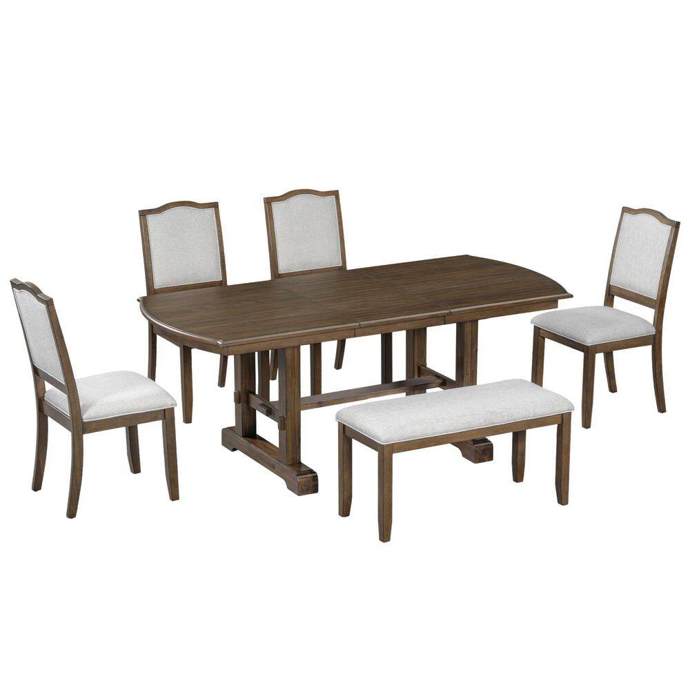 6-Piece Rectangular Extendable Beige/Brown Wood Top Dining Table Set Seats 5 with 4 Upholstered Side Chair