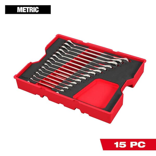 Metric Ratcheting Combination Wrench Set with Tray for PACKOUT Drawers (15-Piece)