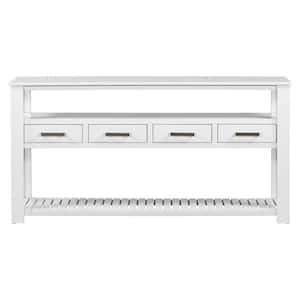 62.20 in. W x 13.80 in. D x 32.10 in. H White Linen Cabinet Console Table with 4 Drawers and 2 Shelves