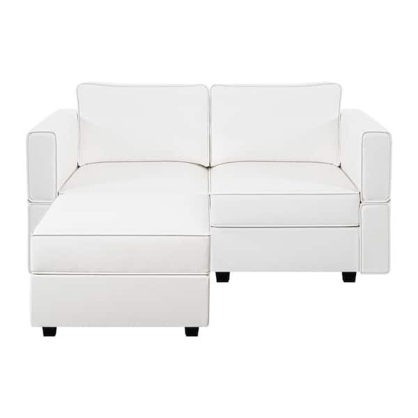 MAYKOOSH 61.02 in. W White Faux Leather 1 Piece Loveseat with Storage and Ottoman 2 Seater Love seats for Small Spaces