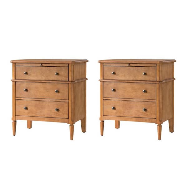 Fabien Teak 3-Drawer 28 in. W Nightstand with Solid Wood Legs (Set of 2)