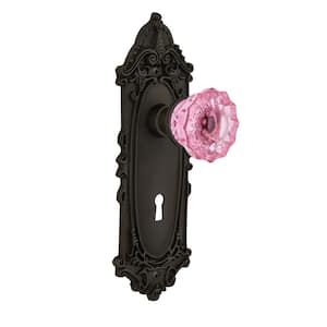 Victorian Plate Interior Mortise Crystal Pink Glass Door Knob in Oil-Rubbed Bronze