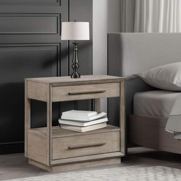 Benjara Lyni Oak Brown 2-Drawer 30 in. W Nightstand with Open Shelf