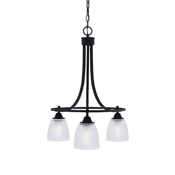 Unbranded Madison 3-Light Matte Black Round Chandelier with 5 in. Clear Ribbed Glass Shades, No bulbs included