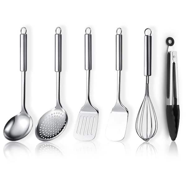 6-Piece Stainless Steel Kitchen Utensil Set Mirror Polished Cooking Tools with Skimmer Whisk Tongs Ladle