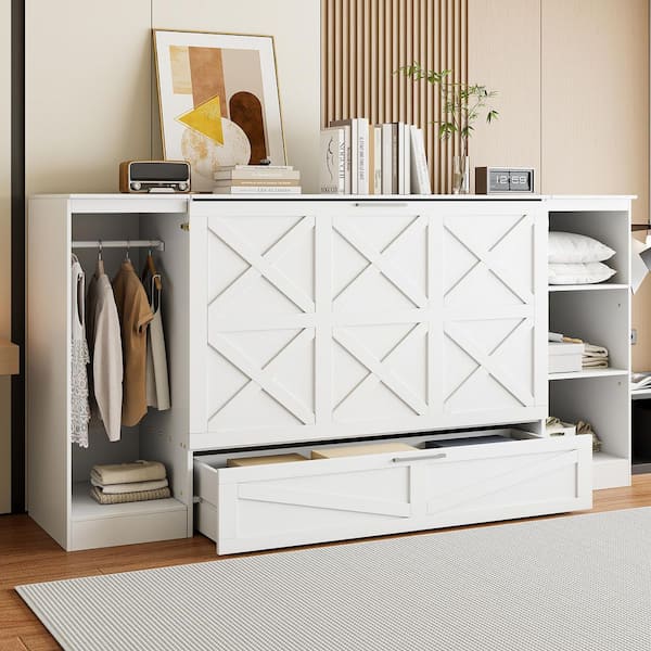 White Wood Frame Twin Size Murphy Bed with Big Drawer, Wardrobe and Storage Shelves