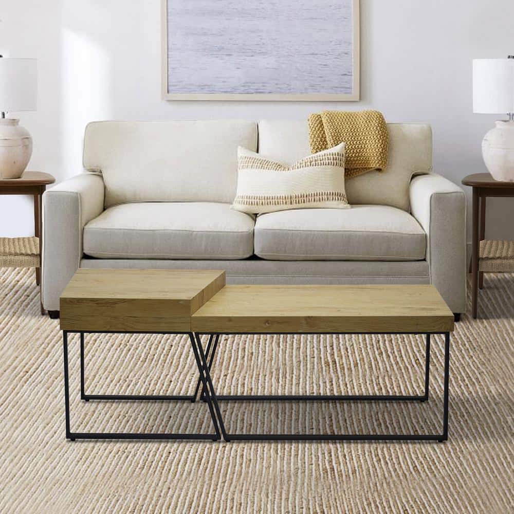 Oak Brown Rectangular Coffee Table with Black Metal Frame and Storage