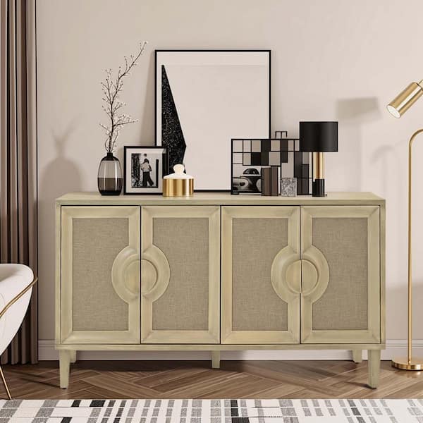 32.68 in. Natural 4-Door Cabinet with Linen Decorated Doors