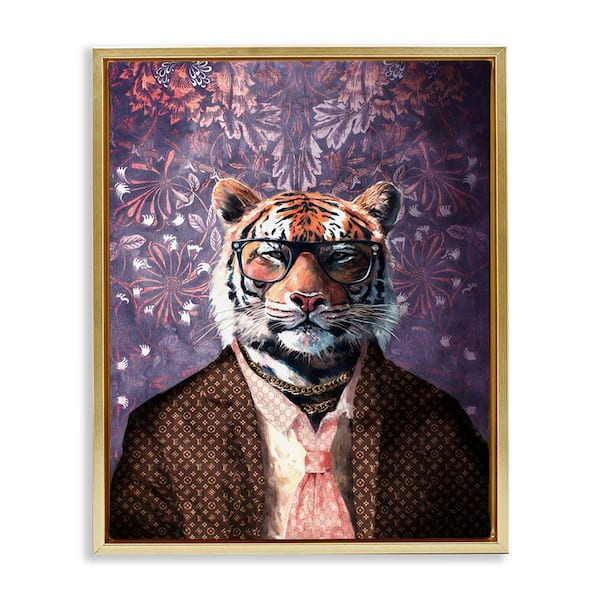 Stupell Industries Tiger in Style on Florals by Svetlana Aleynikova Gold Floater Frame Animal Graphic Art Print 21 in. x 17 in.