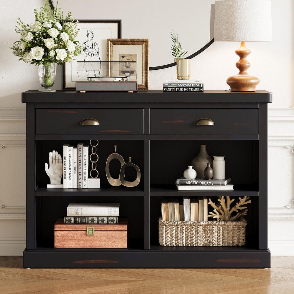Modern Farmhouse 47 in. Espresso Finish Rectangle MDF Wood Entryway Console Table with Drawers and Open Storage Shelves price history on PriceWatchPro