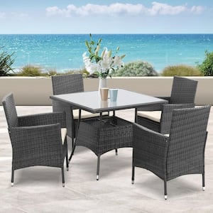 5-Piece Wicker Patio Conversation Set, Outdoor Waterproof Rattan Chairs, Table with Beige Cushions, Umbrella Hole