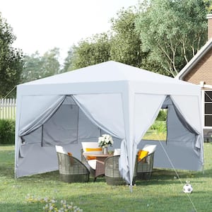 10 ft. x 10 ft. White Pop Up Canopy Tent with Zipper, 2 Sidewalls with Mosquito Netting, 4 Weight sand bags, Carry Bag