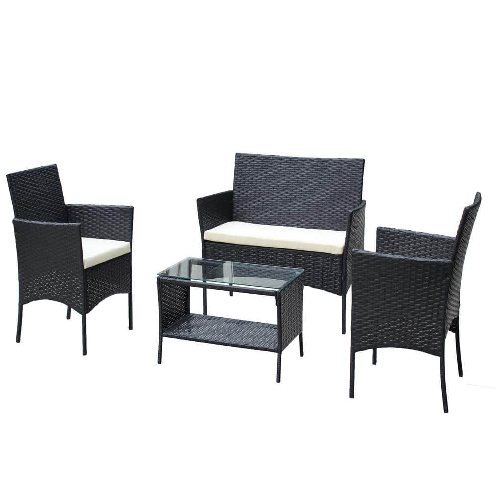 4-Piece Wicker Rattan Patio Conversation Set with Beige Cushion