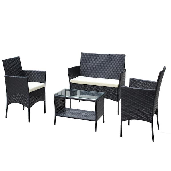 Unbranded 4-Piece Wicker Rattan Patio Conversation Set with Beige Cushion