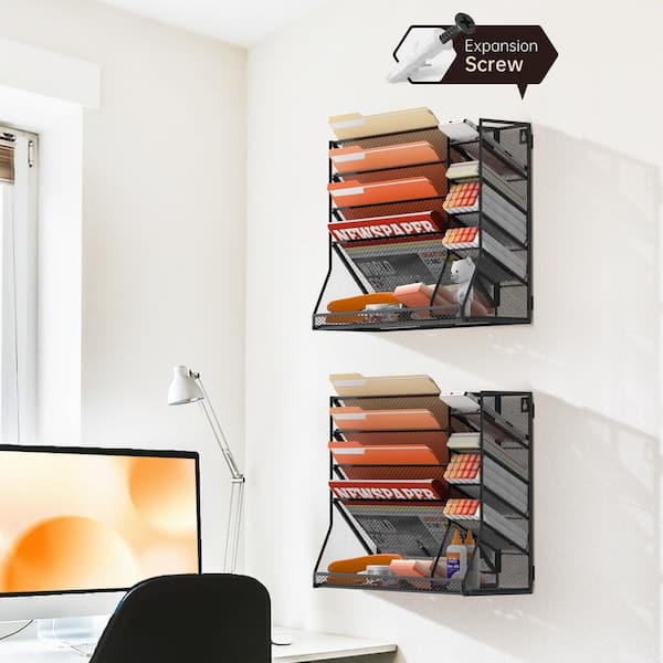 13 in. x 5.7 in. Black Wall File Organizer Metal Magazine Rack Holder