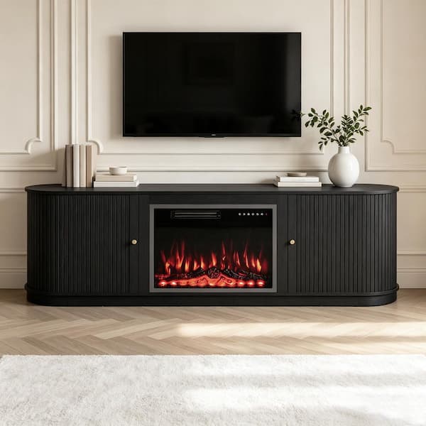 Vero Black 70 in. Fireplace TV Stand with Outlet, Fluted Sliding Door Curved Mid-Century Modern Console for 80 in. TVs