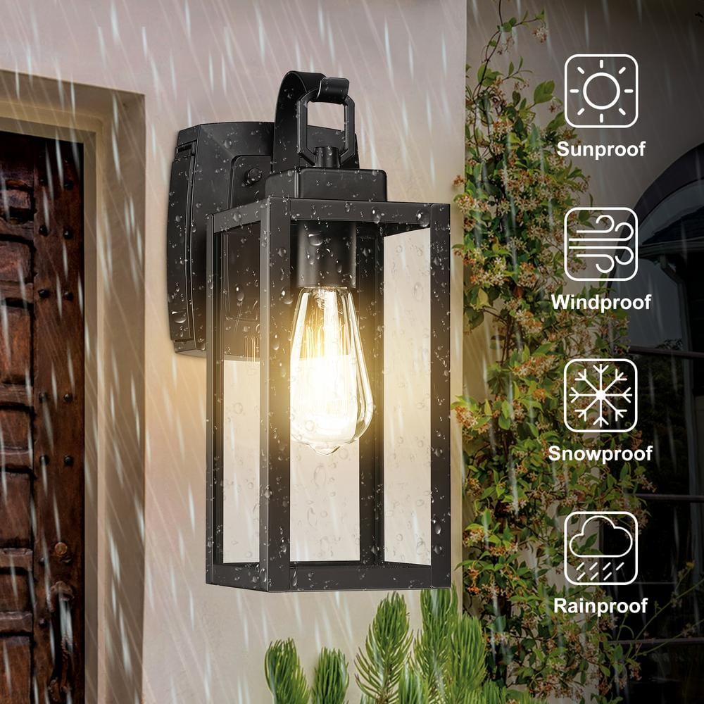 Matte Black Outdoor Lantern Sconce with Clear Glass and GFCI Outlets