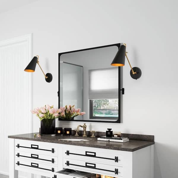 Plug-In or Hardwired DIY Wall Sconce, 1-Light Modern Black Wall Sconce Lighting, Farmhouse Gold Swing Arm Wall Lamp