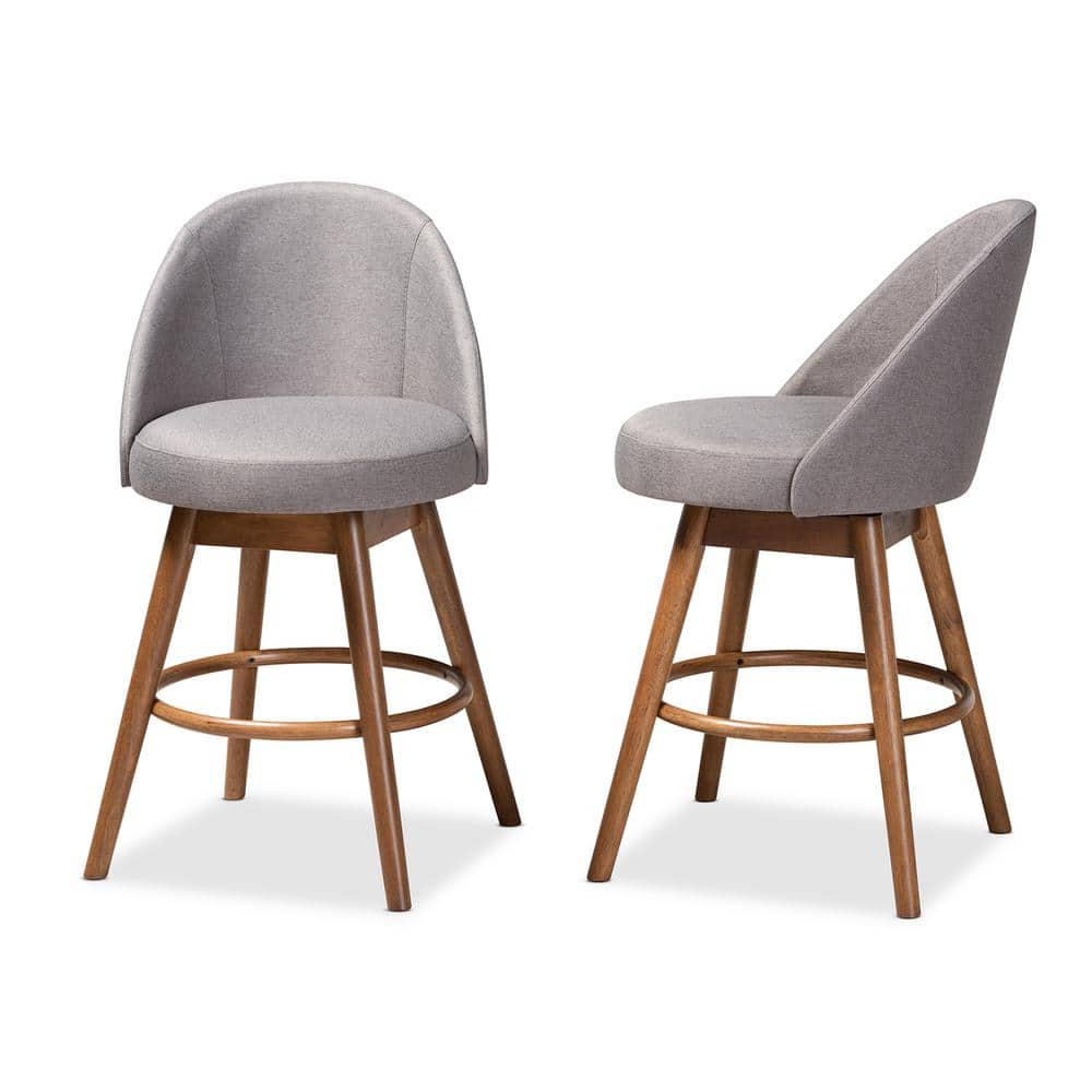 Gray Fabric Upholstered Walnut Wood Swivel Counter Stools, Set of 2
