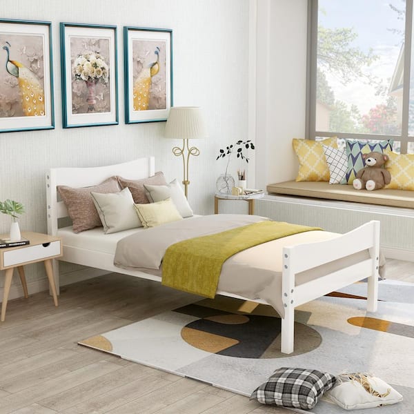 Harper & Bright Designs White Wood Frame Twin Size Platform Bed with Curve-lined Headboard and Footboard