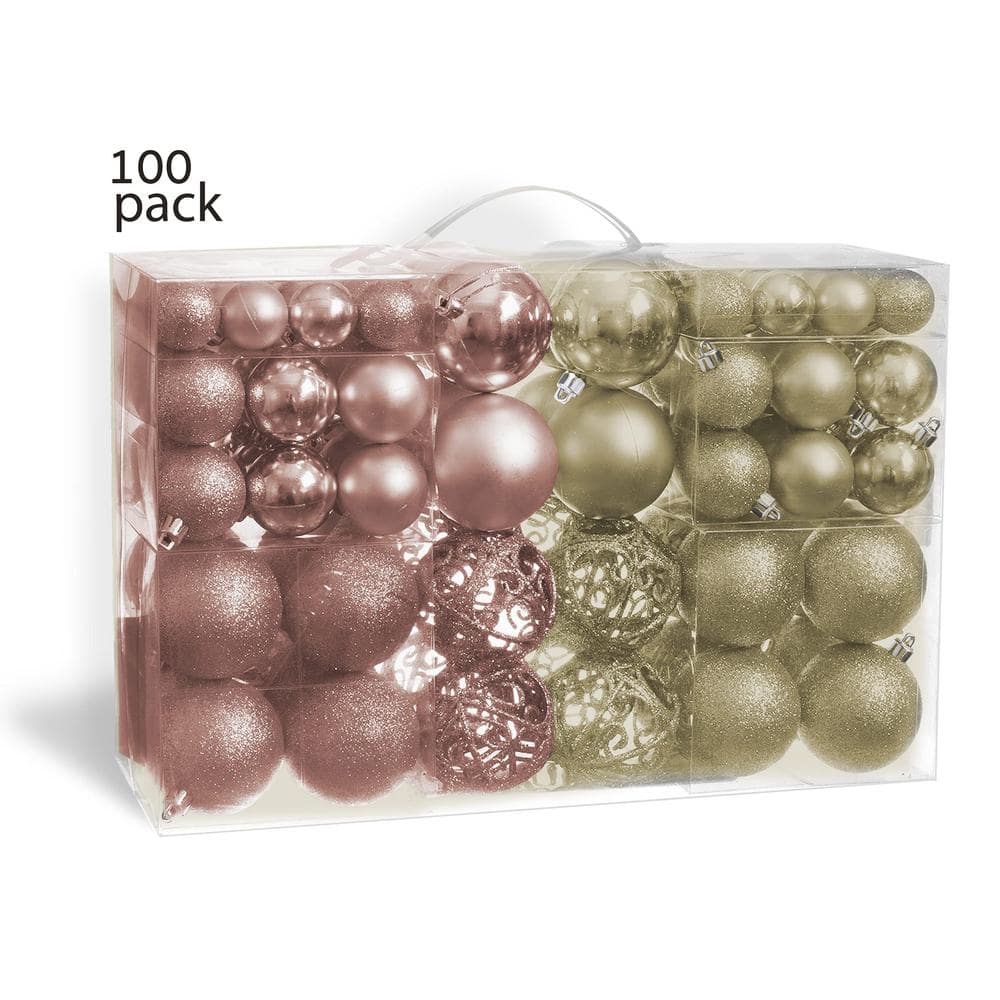 100-Piece Rose Gold and Gold Shatterproof Christmas Ornament Set