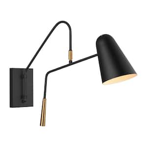 Simon 1-Light Matte Black Wall Sconce with Burnished Brass Swivel Handle