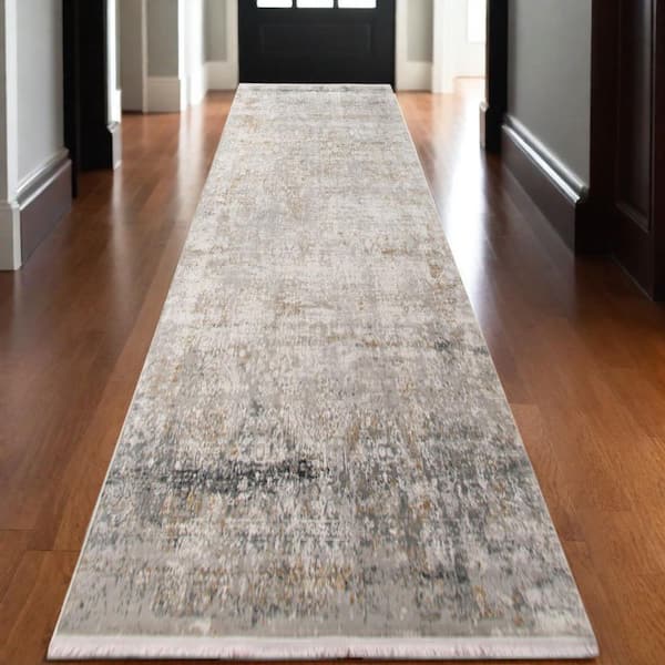 3 ft. x 10 ft. Gray And Brown Medallion Runner Rug with Fringe