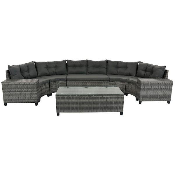 8-Pieces Wicker Outdoor Sofa Set, Half-Moon Sectional Set with Rectangular Coffee Table, Movable Gray Cushions