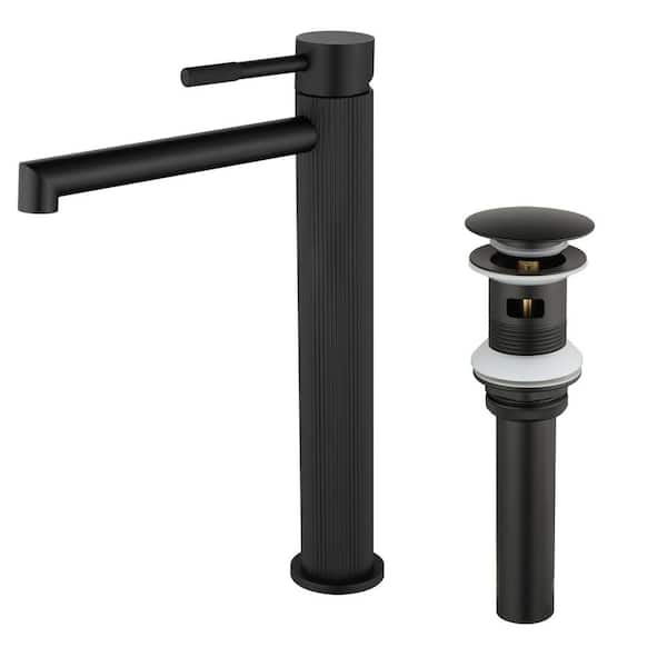 Tall Single Handle Single Hole Vessel Sink Faucet with Pop Up Drain, Vertical Stripe Design Faucet in Matte Black