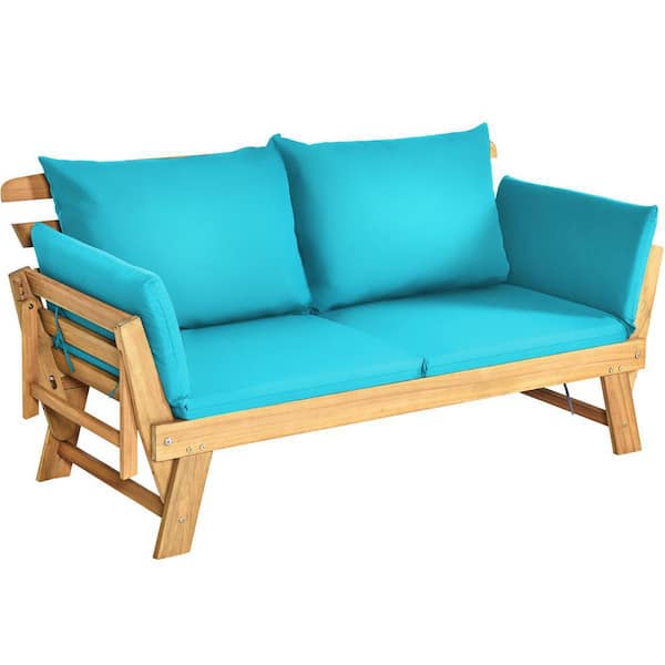 HONEY JOY Wood Outdoor Day Bed Folding Patio Acacia Wood Convertible Couch Sofa Bed with Turquoise Cushions