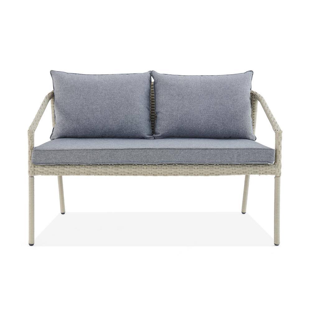 Removable Cushion All-Weather Wicker Two-Seat Outdoor Light Gray Bench with