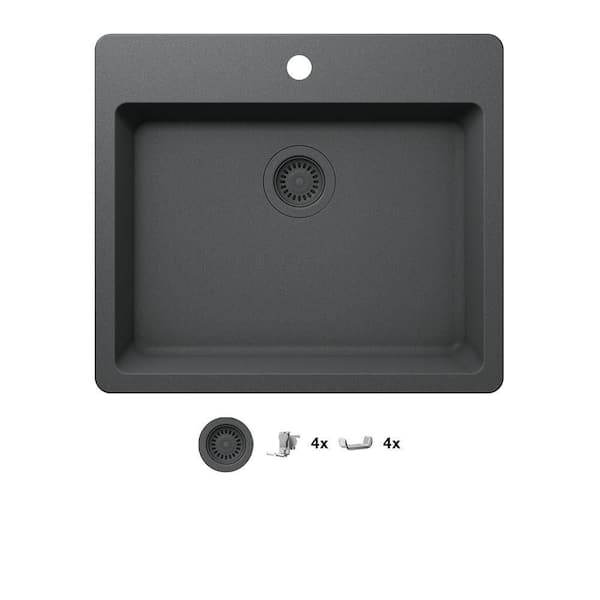 Glacier Bay Stonehaven 25 in. Drop-In Single Bowl Charcoal Gray Granite Composite Kitchen Sink with Charcoal Strainer