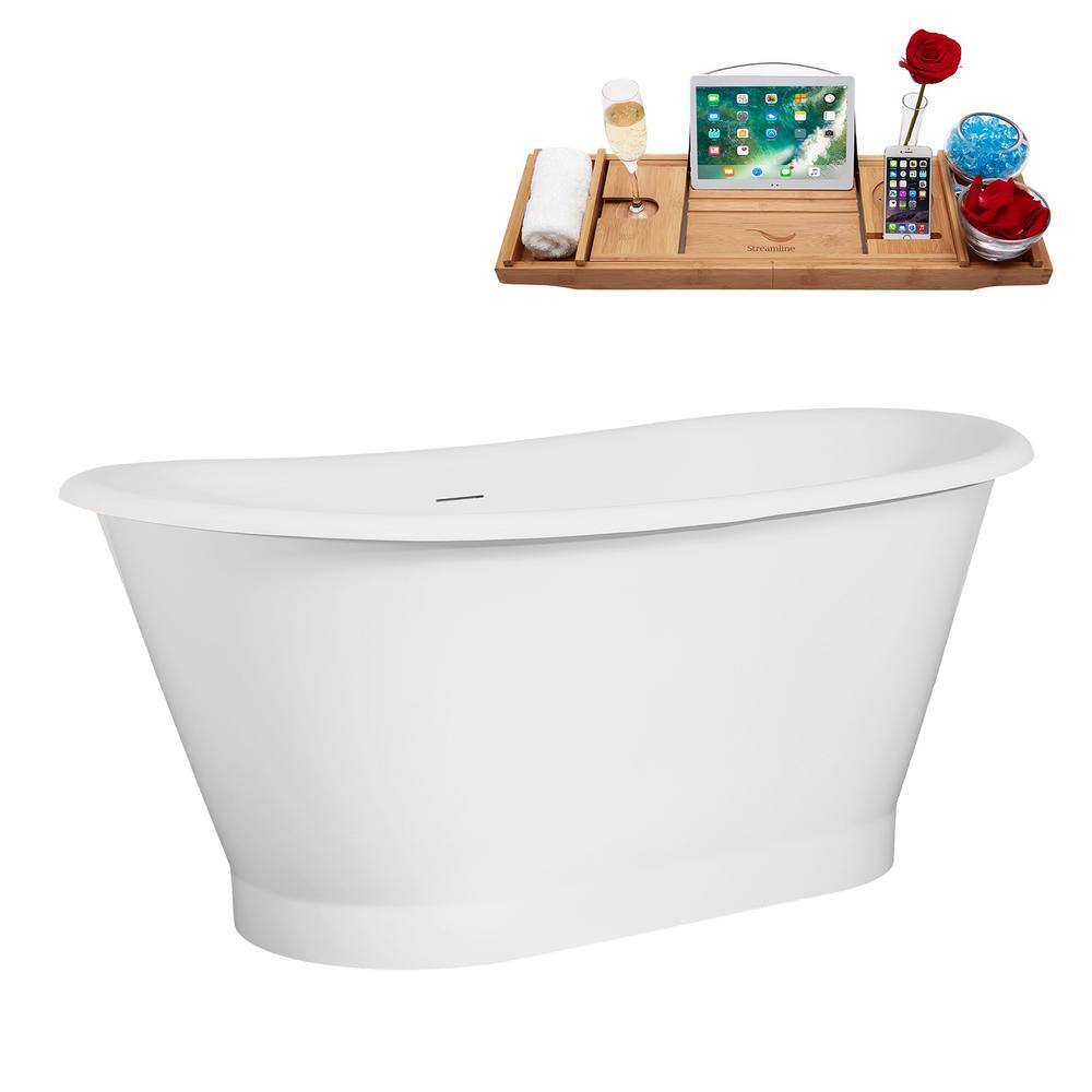 59" Glossy White Acrylic Freestanding Slipper Tub with Matte Black Trim