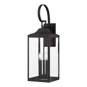 Havenridge 27.8 in. 3-Light Matte Black Hardwired Outdoor Wall Lantern Sconce with Seeded Glass (1-Pack)