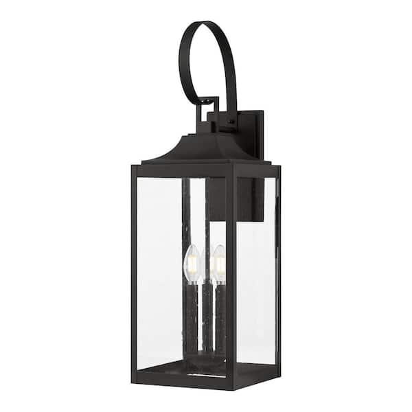 Home Decorators Collection Havenridge 27.8 in. 3-Light Matte Black Hardwired Outdoor Wall Lantern Sconce with Seeded Glass (1-Pack)