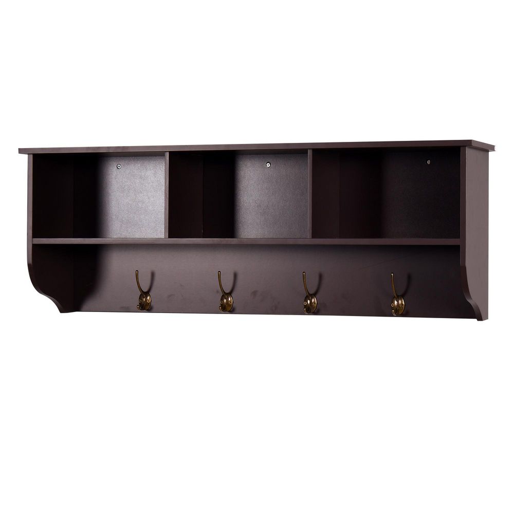 Wall Mounted Shelf with 4 Dual Hooks, Wooden Storage Rack for Kitchen, Living Room, Bathroom in Espresso