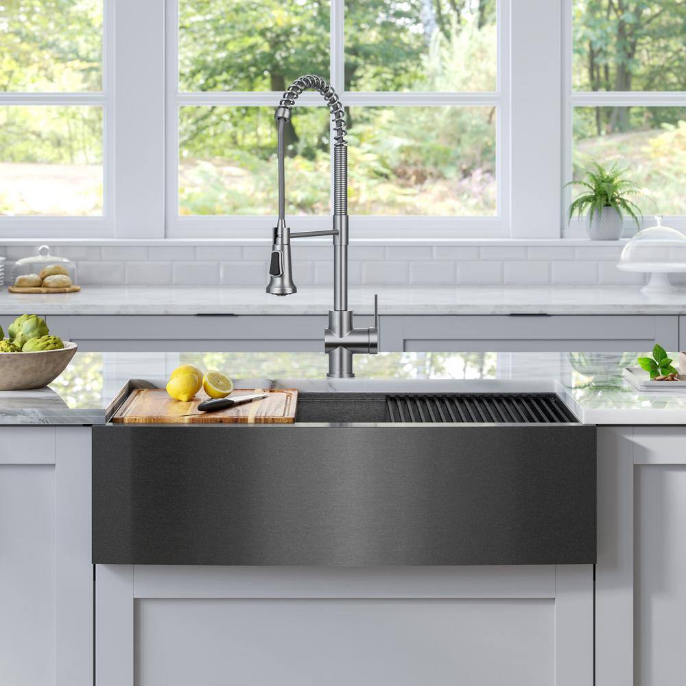 Kore 33" Gunmetal Stainless Steel Farmhouse Sink with Accessories