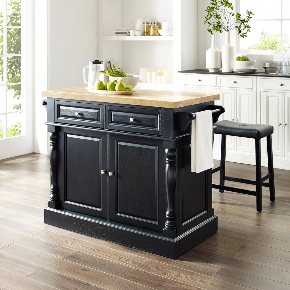 Oxford 30" Black Wood Kitchen Island with Saddle Stools