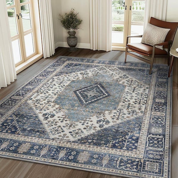 Naiad Machine Washable Blue 6 ft. x 9 ft. Geometric Border Indoor Area Rug
