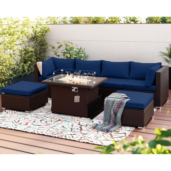 FINCATI Luxury 7 Pieces Espresso Wicker Patio Fire Pit Coversation Sectional Sofa Set with Ottomans and Navy Blue Cushions